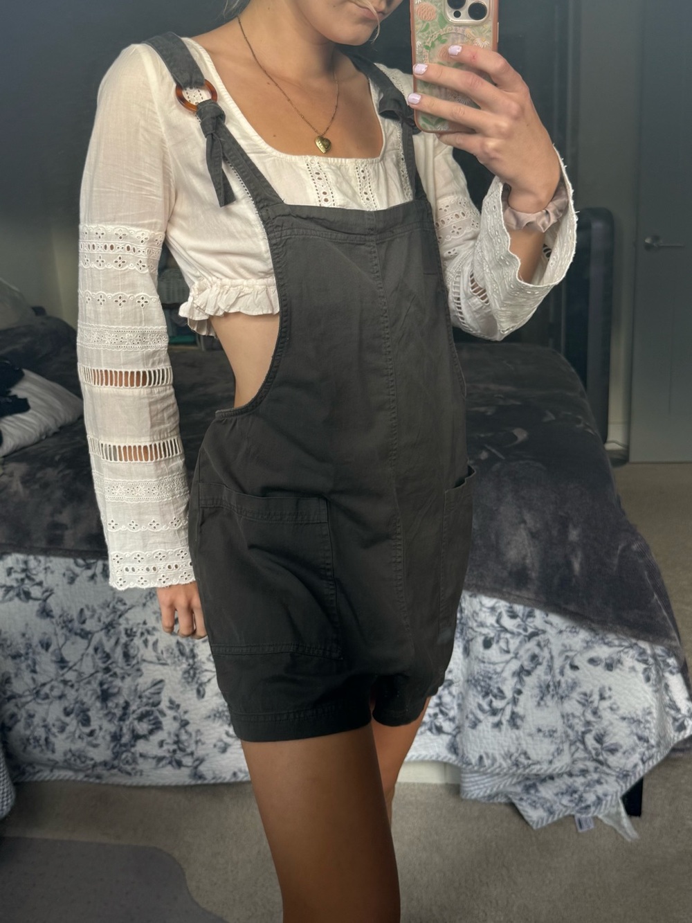 aerie Black Short Denim Overalls with Tie Straps